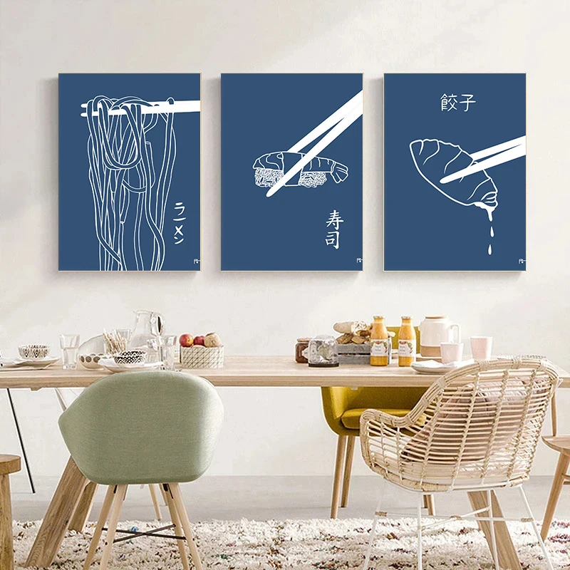 Set of 3 Sushi Total Blue Dumplings Ramen Poster Print Wall Art Pictures Canvas Painting Living Room Bedroom Home Decor Gift