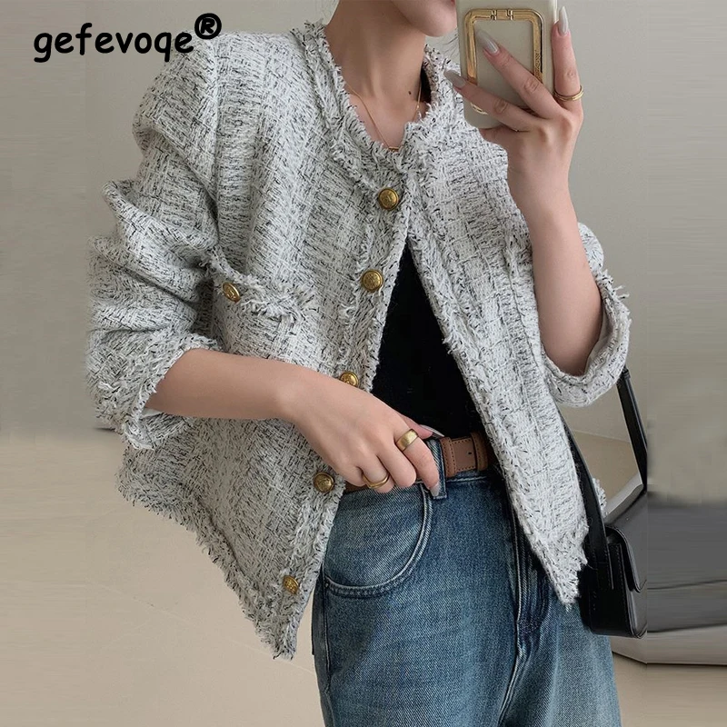 Women Vintage Elegant Luxury Design Tweed Single Breasted Jacket Autumn Winter Female Trendy O Neck Long Sleeve Loose Chic Coats