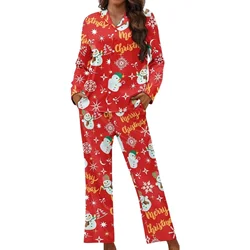 Women Christmas Pajamas Lounge Set Santa/Christmas Tree Print Feather Splicing Long Sleeve Button Up Shirts+Pants 2 Piece Outfit