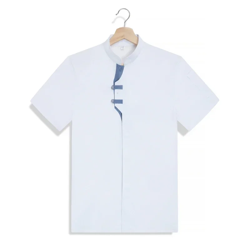 معاطف الشيف بأكمام قصيرة لخدمة الطعام للرجال في المطاعم والمطبخ، زي العمل، ملابس الطبخ، ياقة واقفة، قمصان عمل السوشي