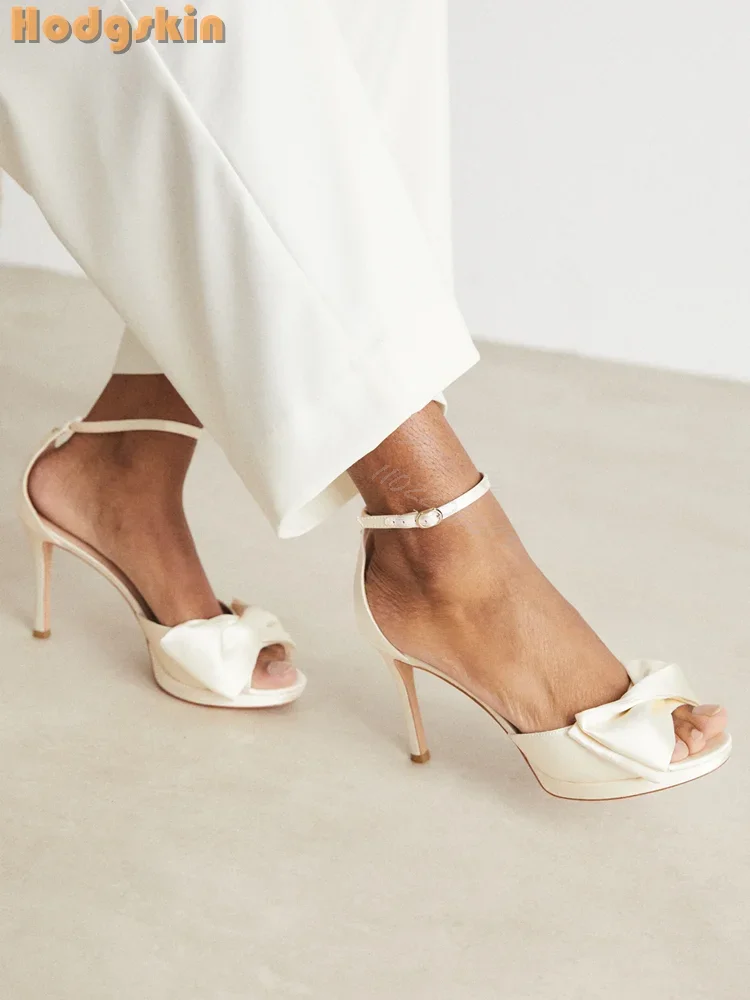

Beige Butterfly-knot Sandals Solid Peep Toe Buckle Straps Thin High Cover Heels 2025 New Summer Women Fashion Wedding Shoes