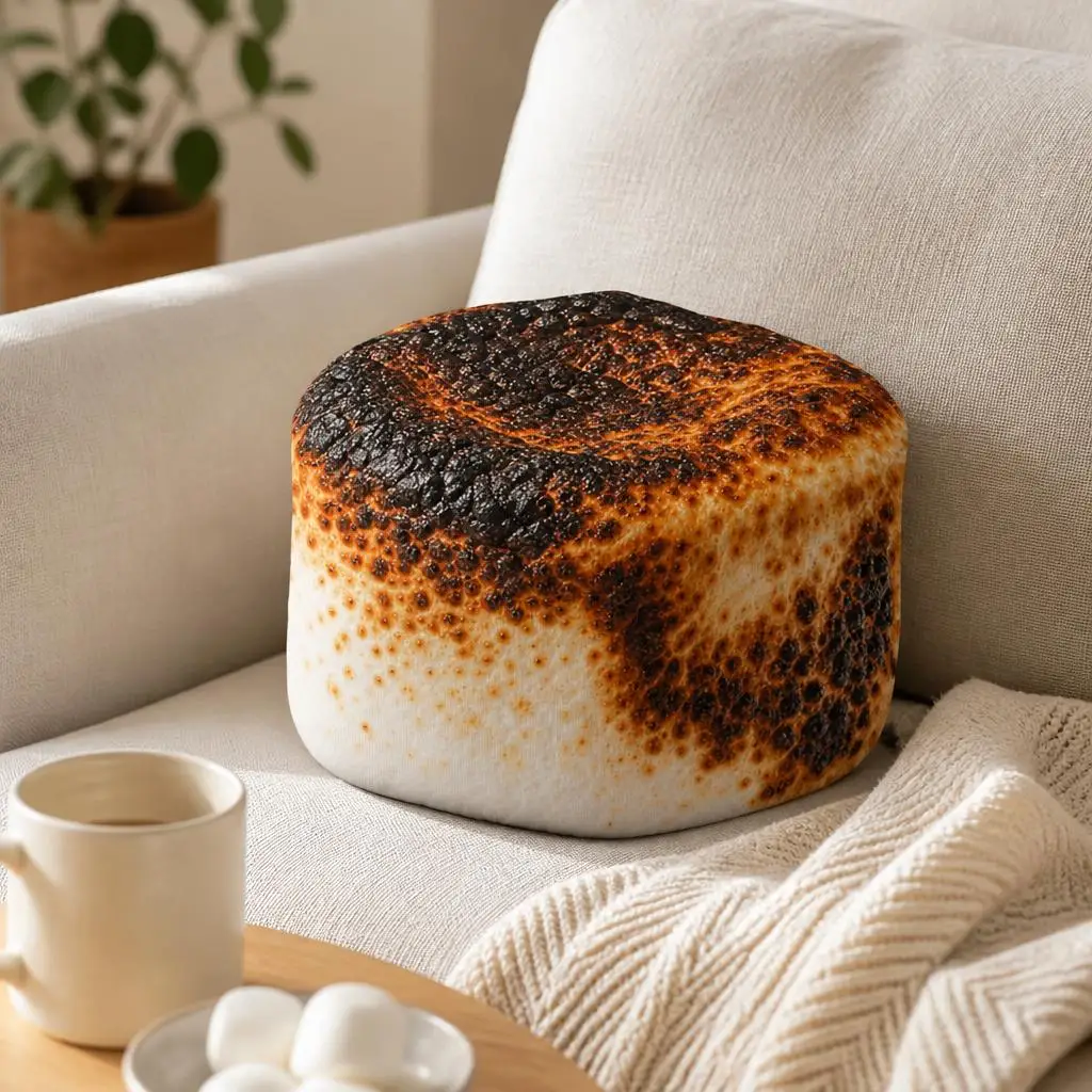 Toasted Marshmallow Plush Pillow Stuffed Food Cushion Campfire Dessert Home Decor for Sofa Bedroom Cozy Foodie Gift