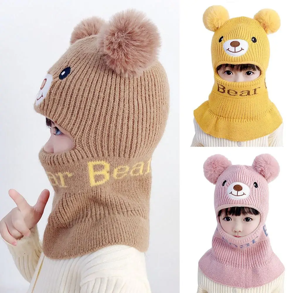 Cute Cartoon Kids Integrated Cap Scarf Knitted Thickening Beanie Hat Scarf Casual Soft Scarf Set Hooded Autumn Winter