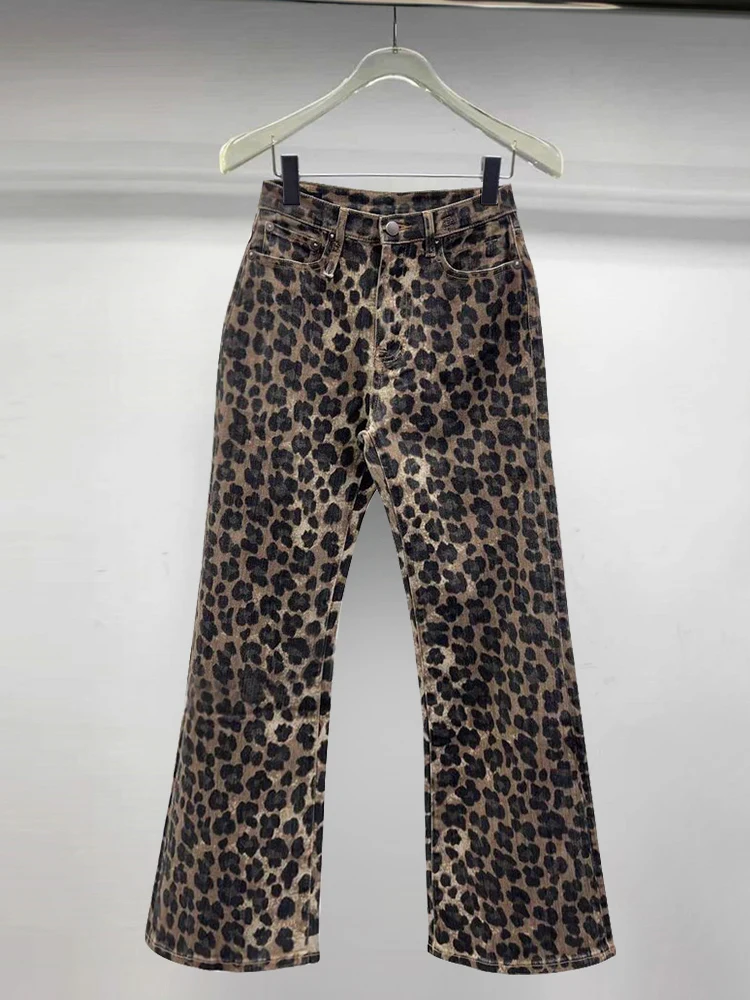 

Джинсы прямого кроя с высокой талией для похудения, женские модные повседневные джинсы в стиле ретро с леопардовым принтом, осенняя одежда LIMANER2025