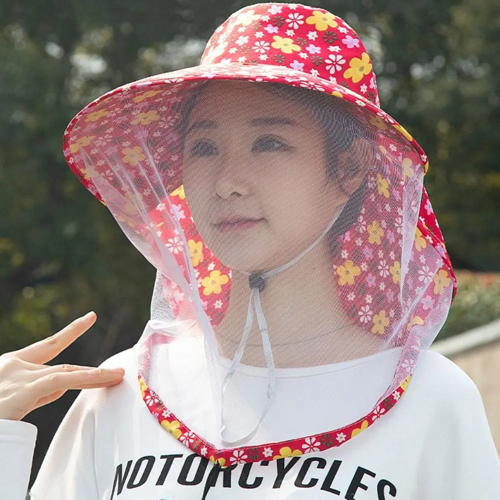 

Printing Bee Mosquito Hat UV Protection Face Mask Mesh Tea Picking Hat Breathable Sun Protection Sunshade Shawl Cap Riding