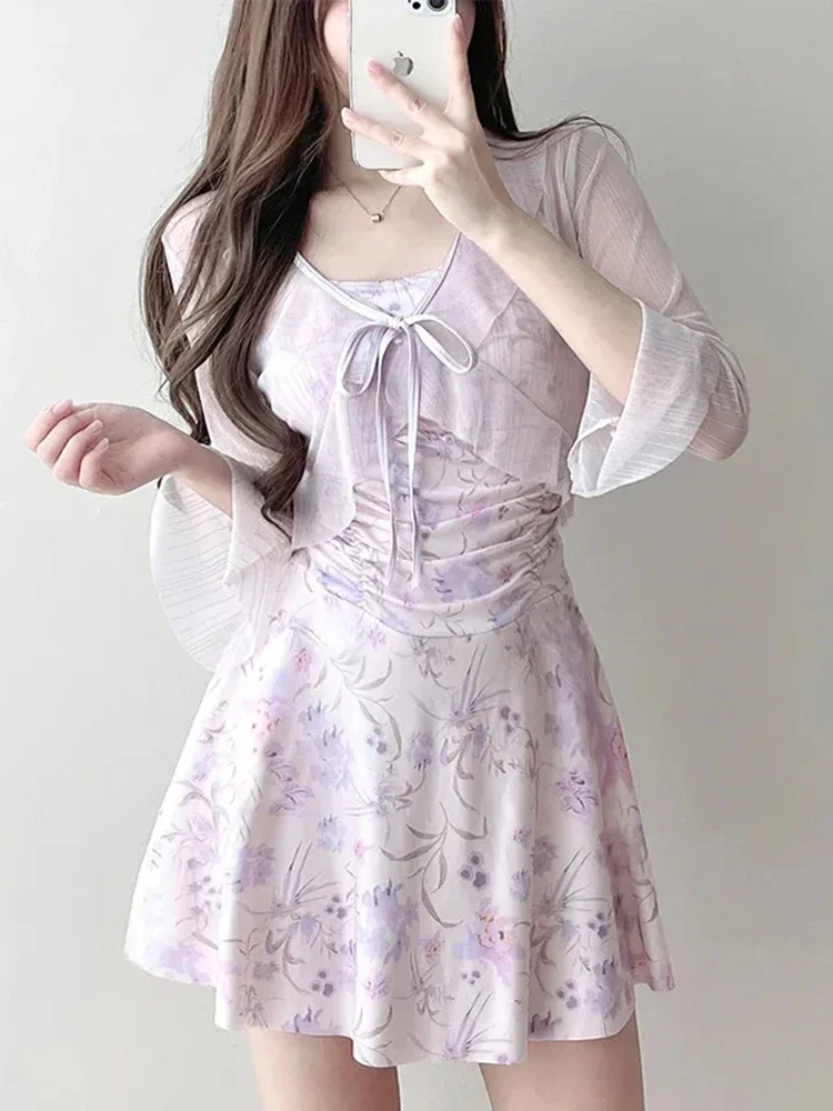 OIINAA Costume da bagno Donna Increspato Croce Lace Up Body Rosa Manica lunga Cover-Up Estate 2025 New Fashion Hot Spring Costumi da bagno