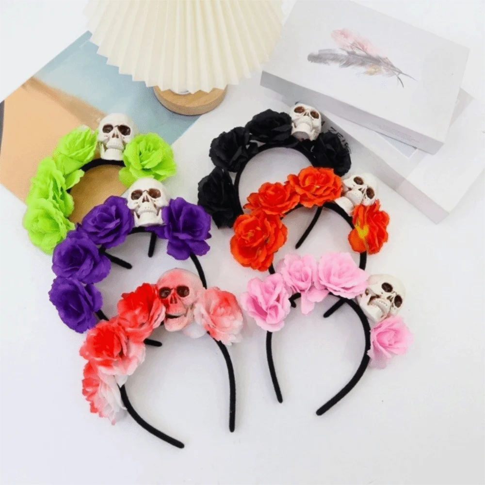 

Exaggerated Skull Head Headband Simulation Flower Colorful Halloween Hair Hoop Funny Halloween Decor Gothic Flower Hairband
