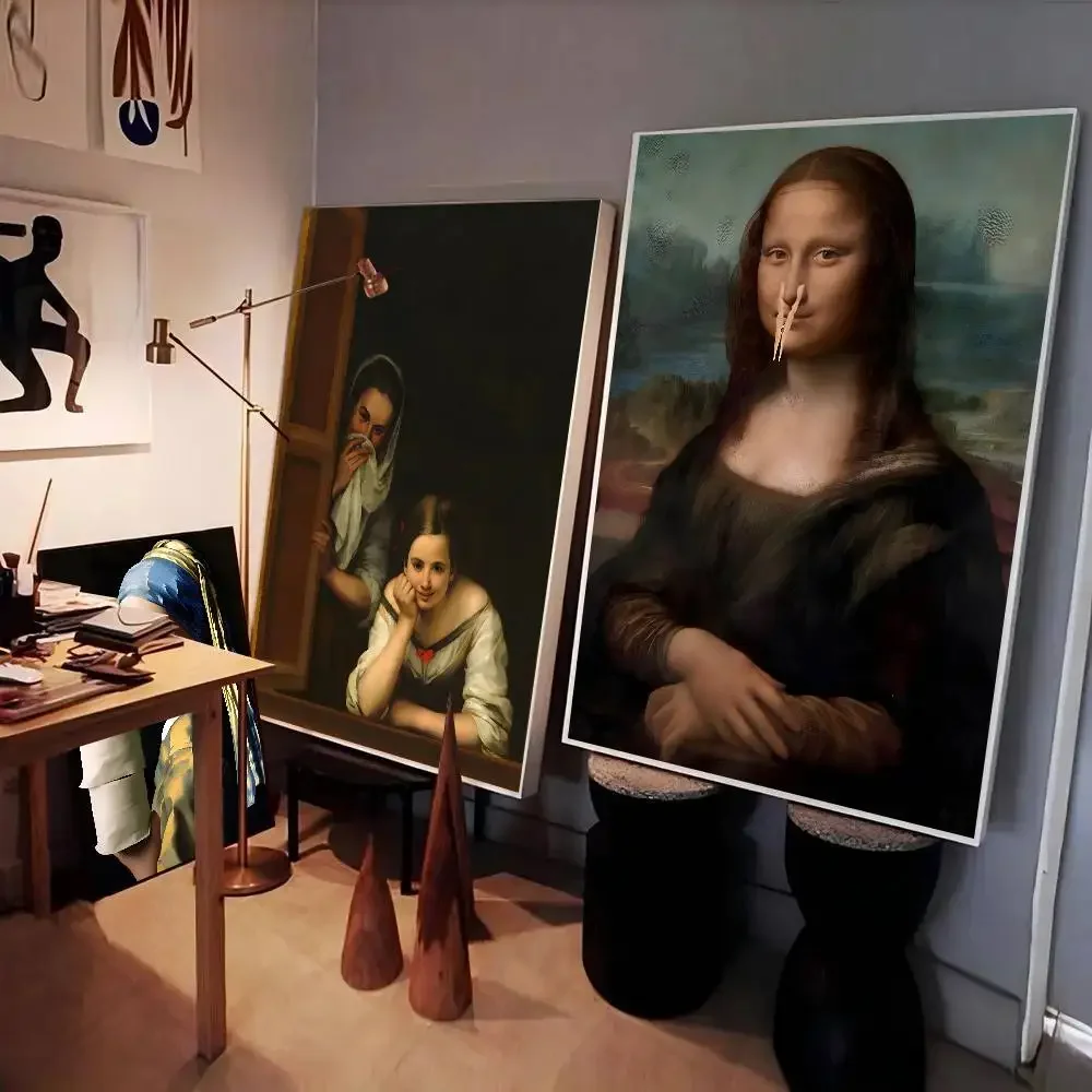 1pc drôle salle de bain toilette Mona Lisa portant des perles fille affiche auto-adhésif Art papier imperméable autocollant chambre décoration murale