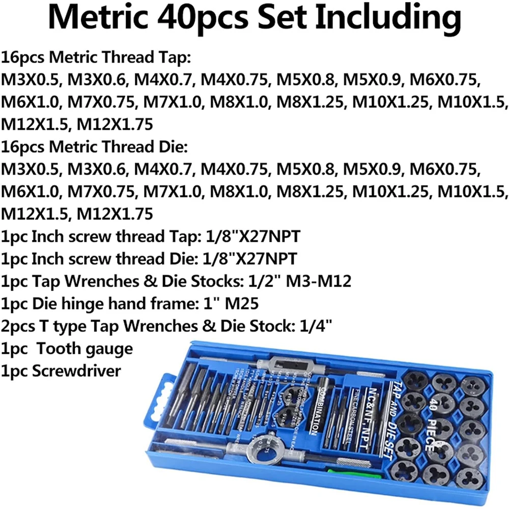 Imagem -06 - Metric Hand Tap e Die Grupo Screw Thread Plugs Straight Taper Reamer Wrench Threading Ferramentas Manuais M3-m12 40 Pcs