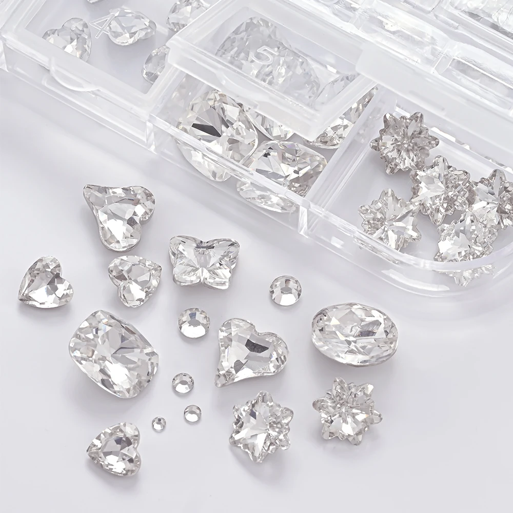 1Box 3D Clear Nail Art Rhinestones 12Shapes Mixed Oval,Butterfly,Heart,Flower,Round Diamond Nail Charms  DIY Nail Art Decoration
