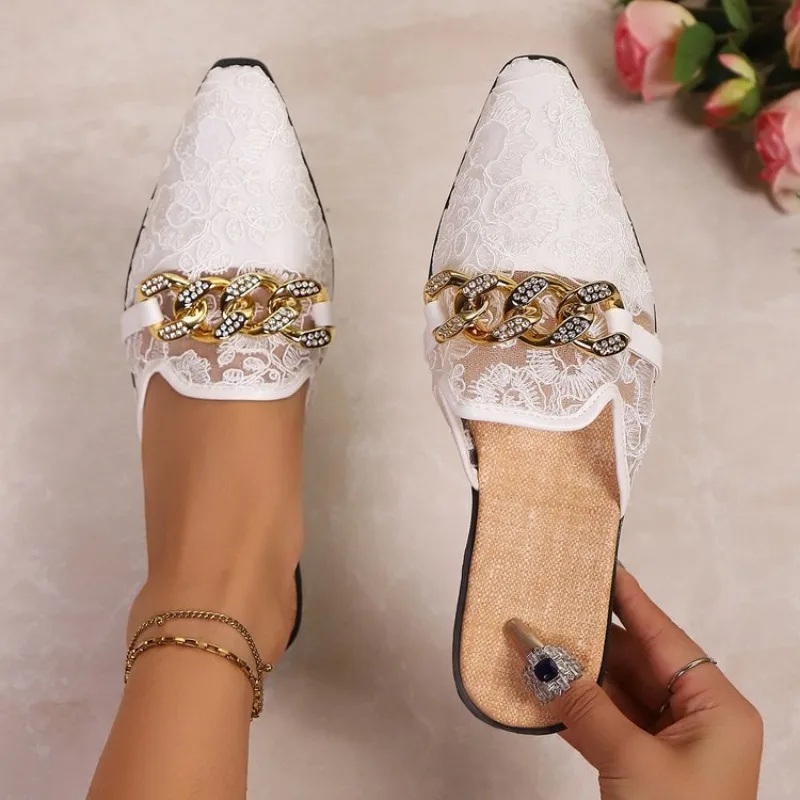 New Oversized Chain Rhinestone Flat Slippers for Women Wearing Pointed Mesh French MULler Shoes Women