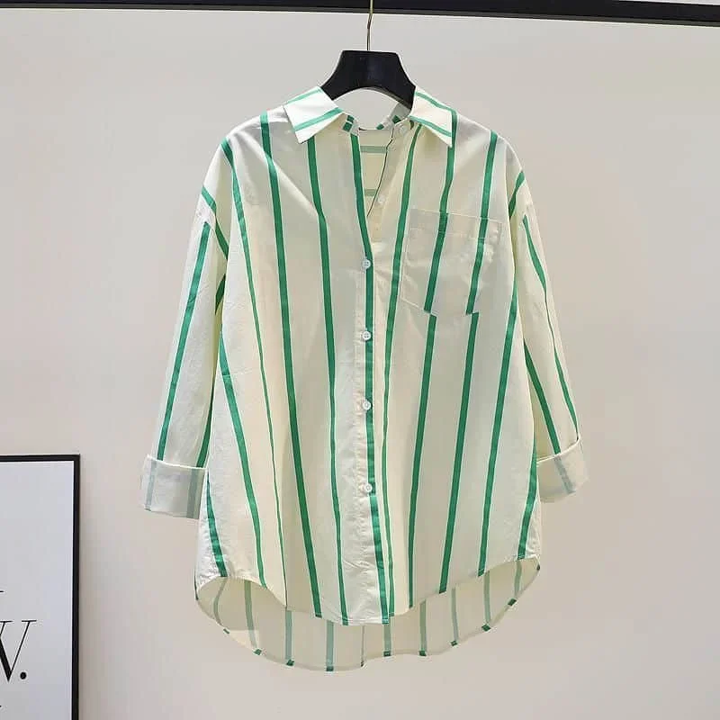 

100% Cotton Shirts Fashion Women Blouse 2024 Striped Single Pocket Loose Long Sleeve Shirt Cardigan Casual Women Office Tops