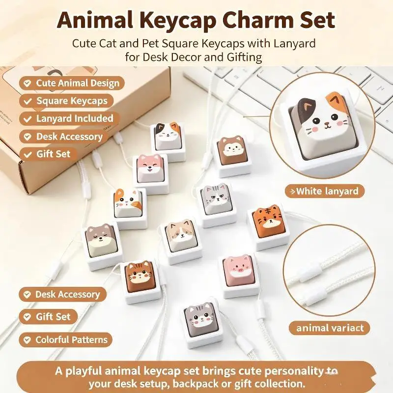 Cute Cat Mechanical Keycap Fidget Toy 9-Key Press Relax Button Keychain Portable Stress Reducer for School Student Use