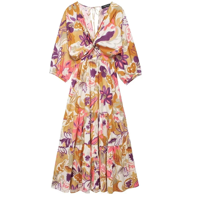 Cut Out Print Long Dress Women Boho Knot Floral Midi Dress Summer Puff Sleeve Elegant Dresses Tied Ruched Holiday Dresses