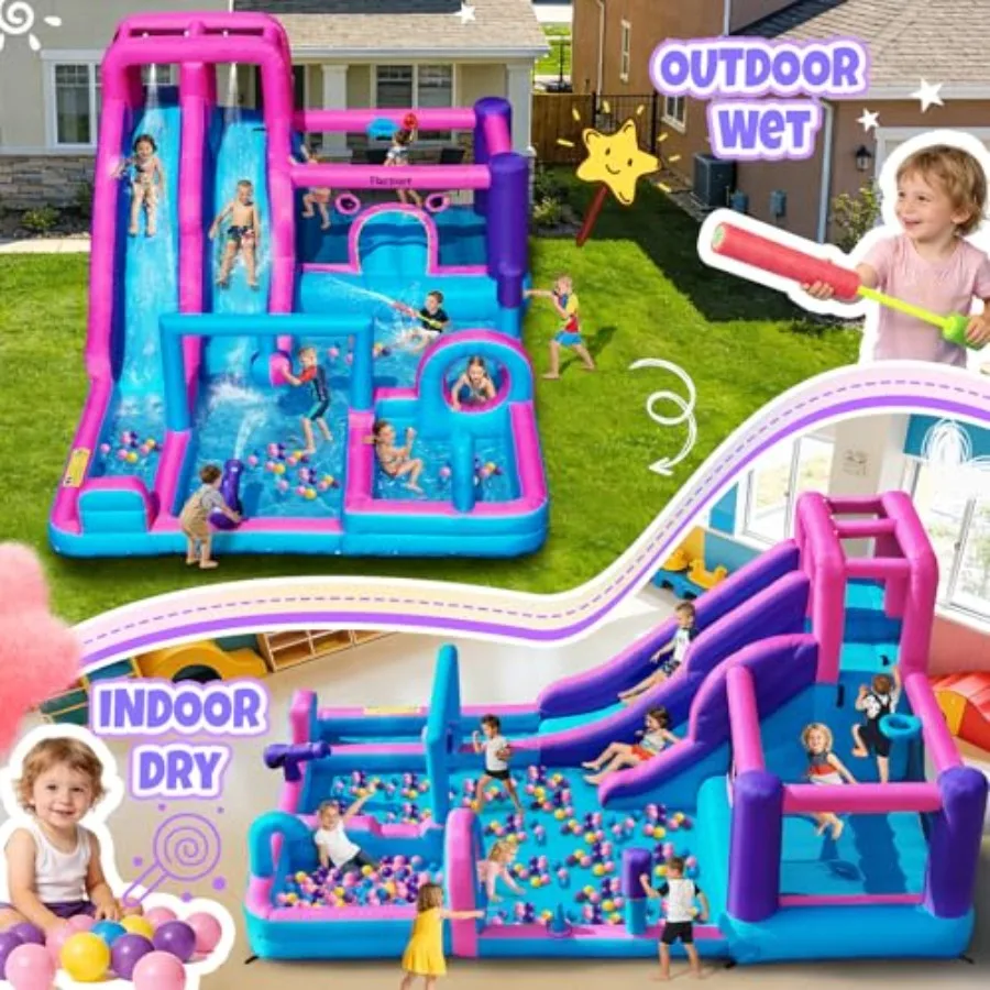 Inflatable bounce house for outdoor and indoor use PVC material blue and yellow includes double water slide climbing wall splas view 5