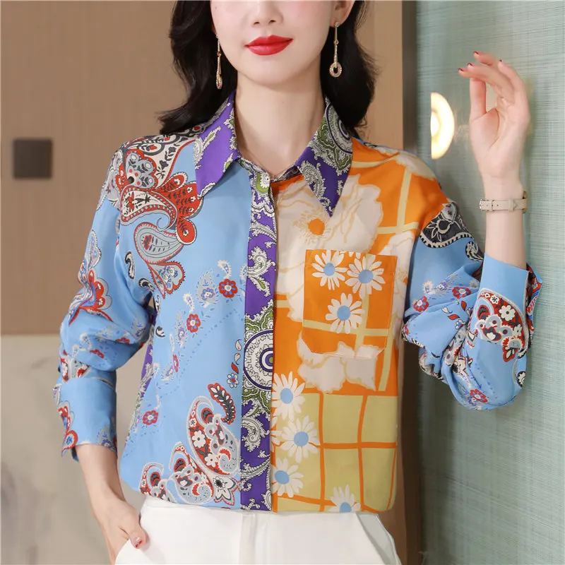2025 Spring Shirt for Women Printing Long Sleeves Blouse Women Elegant Fashion OL Women Clothing Basic Flower Shirt Ladies Tops