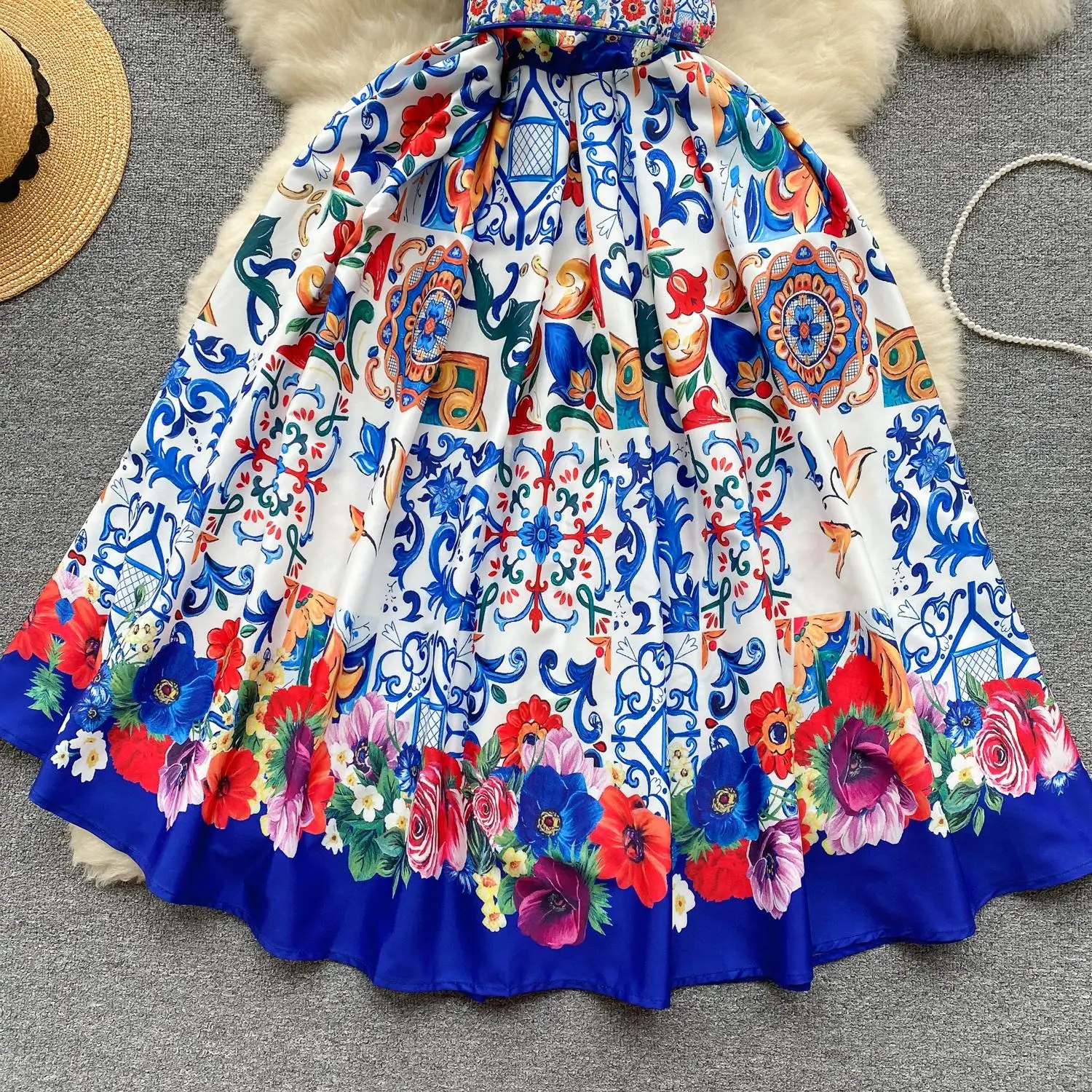 Vestido sin mangas de porcelana azul y blanca de verano para mujer, Vestido sin mangas con solapa y cinturón con estampado Floral de un solo pecho, Vestido de fiesta en la playa 2405