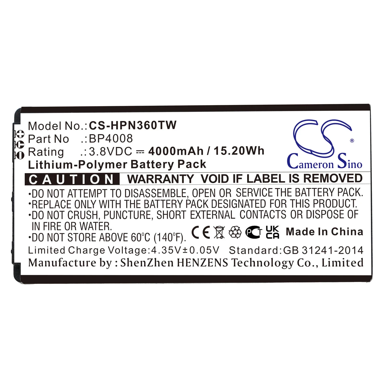 

CameronSino Two Way Radio Battery For Hytera PNC360 PNC360S BP4008 4000mAh / 15.20Wh--3.80V--Li-Polymer