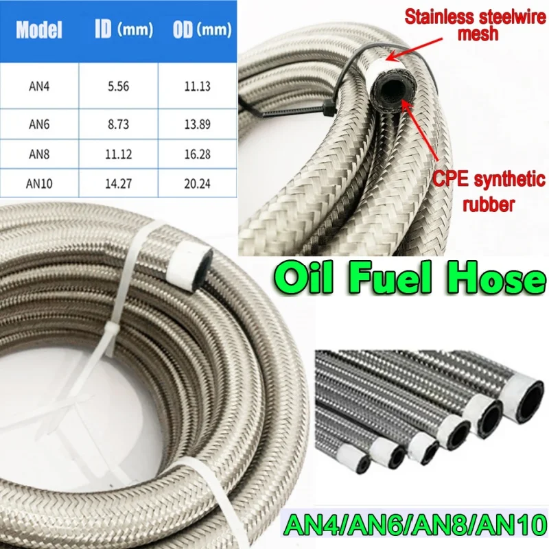 

HQ Universal Car Fuel Hose Oil Gas Cooler Hose Line Pipe Tube Stainless Steel Braided Inside CPE Rubber 1M-6M AN4 AN6 AN8 AN10