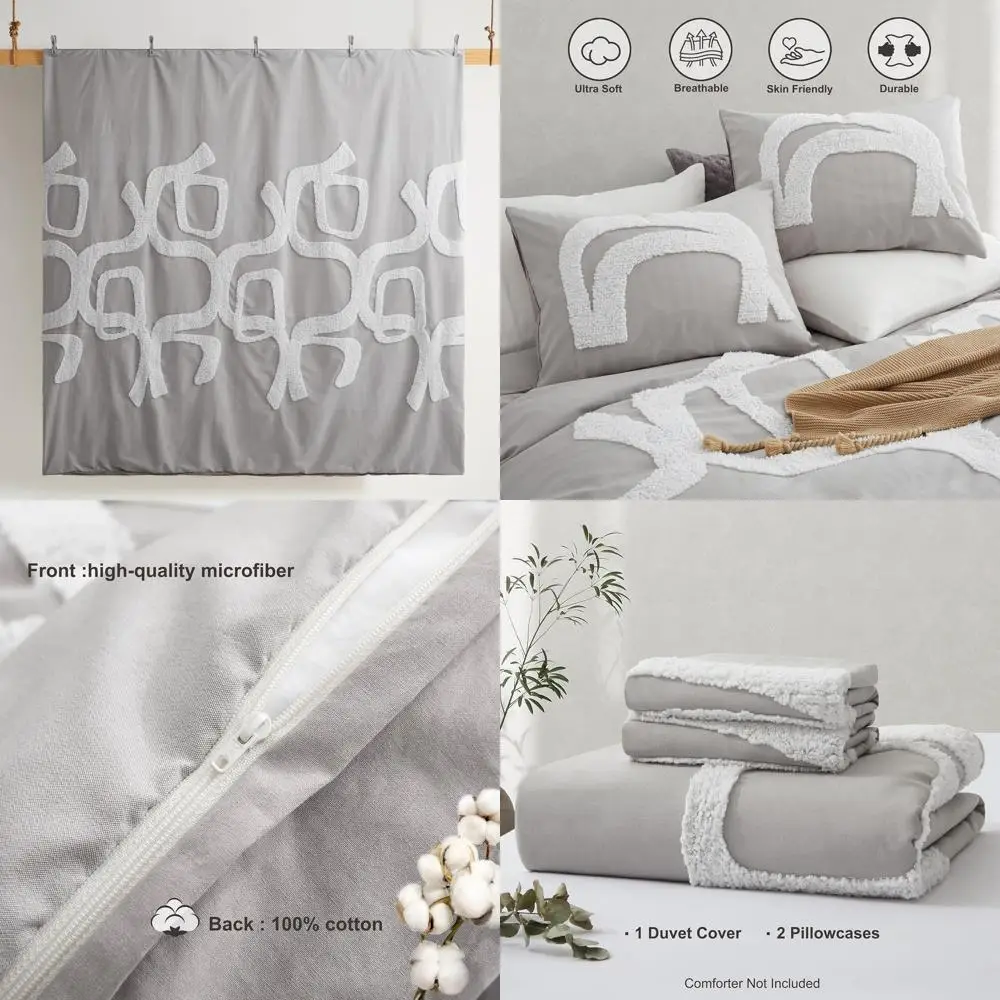 

Geometric Textured Boho Duvet Set, 3-Piece Luxury Jacquard Cover, All-Season Grey Bedding, Full/Queen Size (90x90)