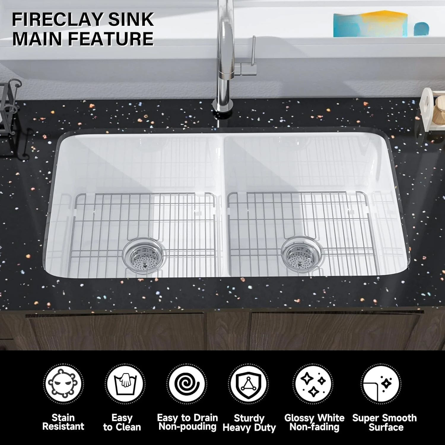 حوض مطبخ أبيض مقاس 32 بوصة - وعاء مزدوج 50/50، قطرة حوض Fireclay Topmount في 32 بوصة × 19 بوصة × 10 بوصة، حامل مزدوج