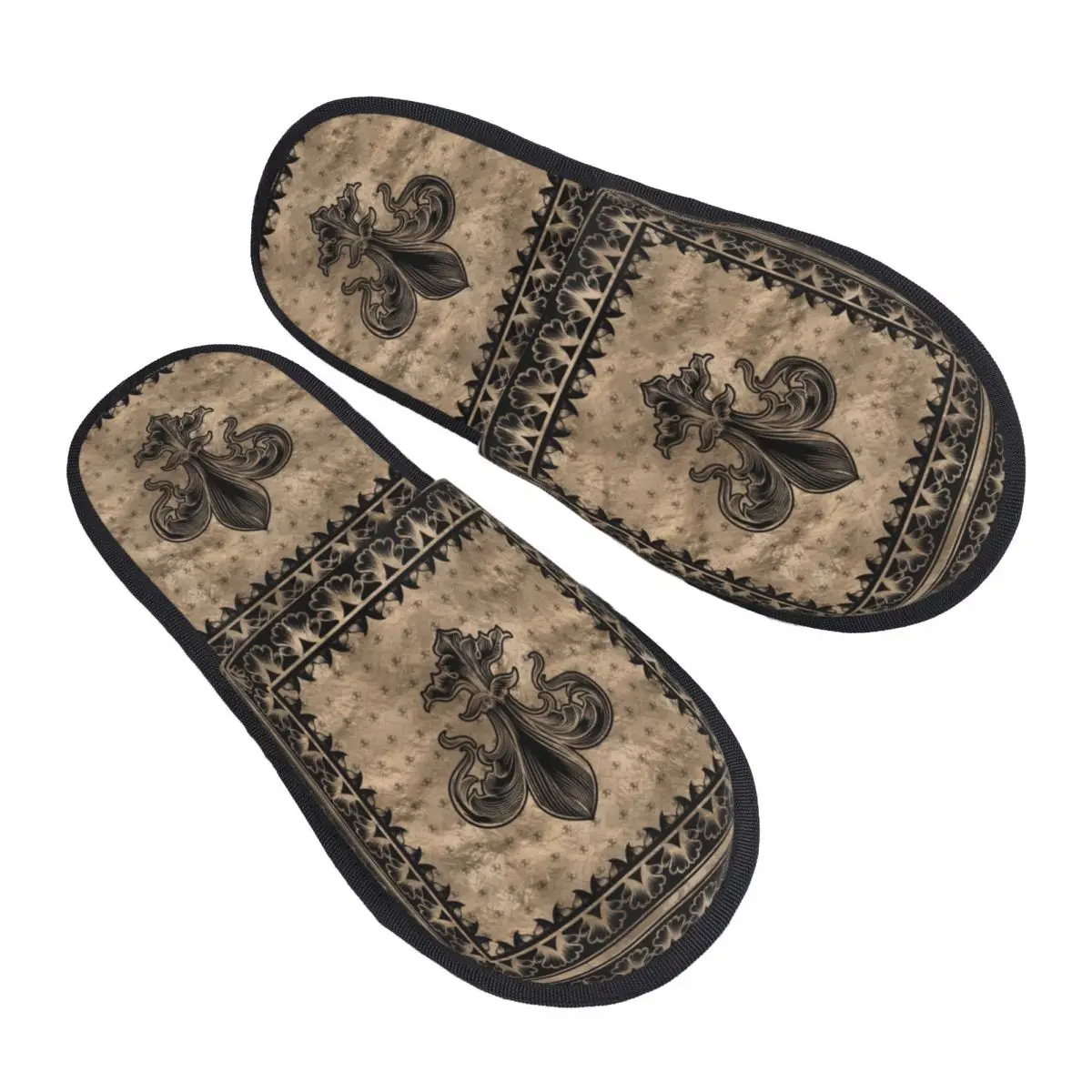 Custom Vintage Fleur De Lis Black And Gold House Slippers Women Soft Memory Foam Luxury Sacred Lily Flower Slip On  Shoes