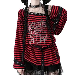 2025 New Harajuku Vintage Punk Black Blue Red Striped Tees Y2k Gothic Girls Off Shoulder Loose Butterfly Letter Long Sleeve Tops