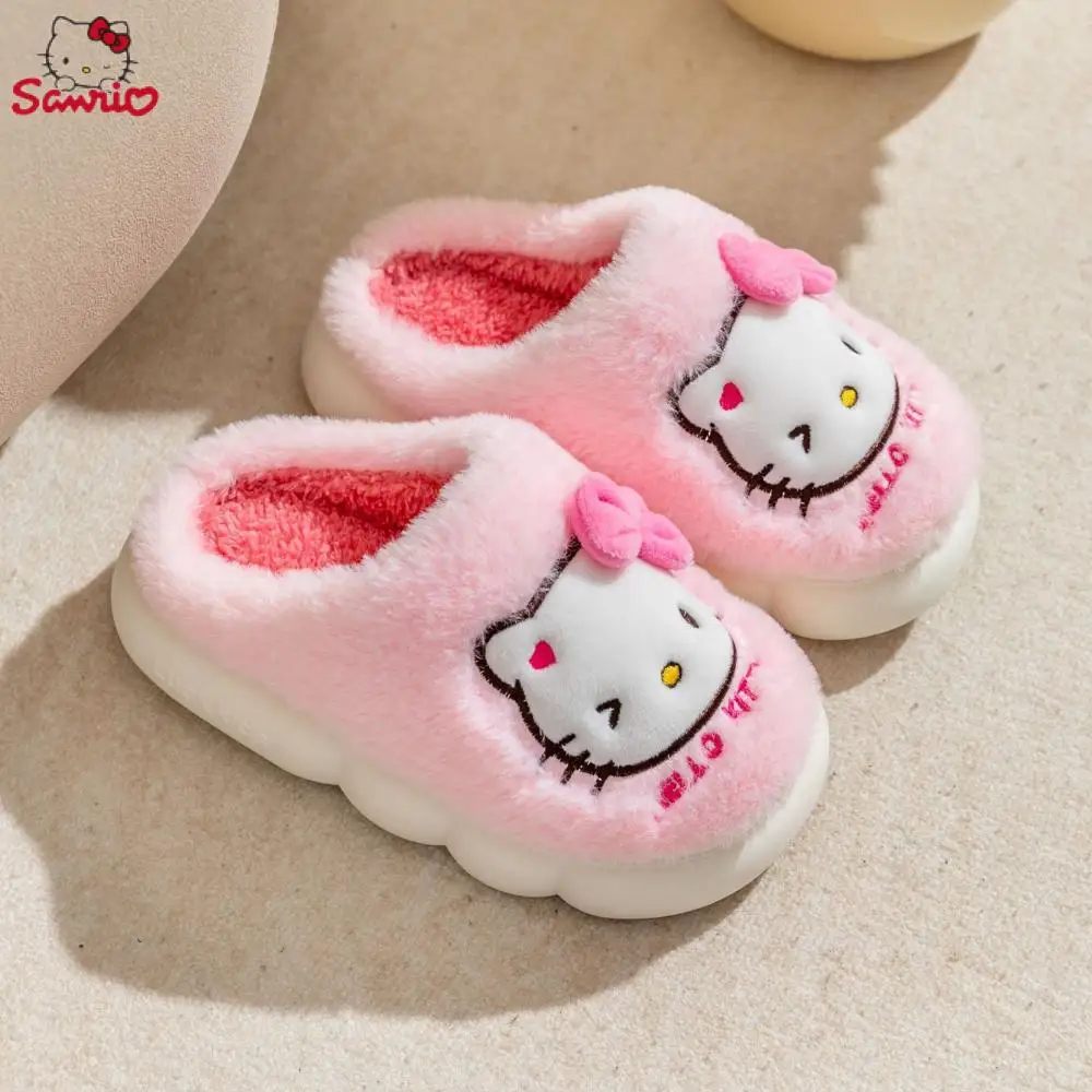 Cartoon Sanrio Hello Kitty Kawaii puszyste 3D urocze kapcie damskie zamsz bawełna kapcie płaskie grube dno zimowe miękkie kapcie domowe