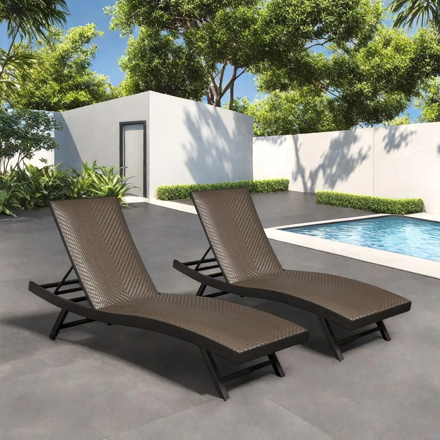 Outdoor Pe Wicker Chaise Lounge, Patio Reclining Chair With Quick Dry Foam, Tanning Chair With Adjustable Backrest&Rolling