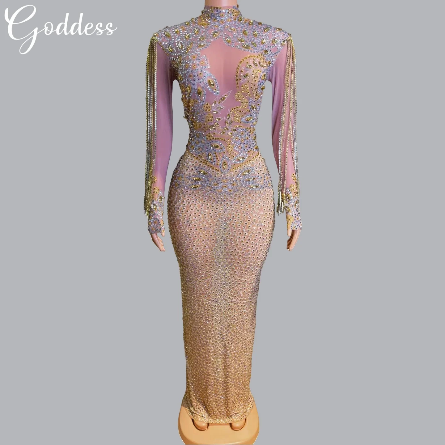 

Wrap Hip Long Dress Nightclub Prom Showgirl Luxurious Sparkly Rhinestone Tassel Robe Pageant Dress Party Goddess Evening Gown