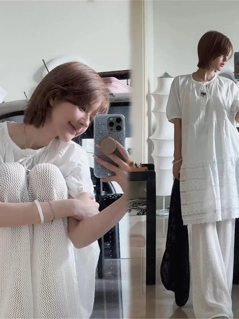 

White Lace Splice Bubble Sleeve Dress Women's Summer Beautiful Dress French Style Loose Fit Short Sleeve round Neck