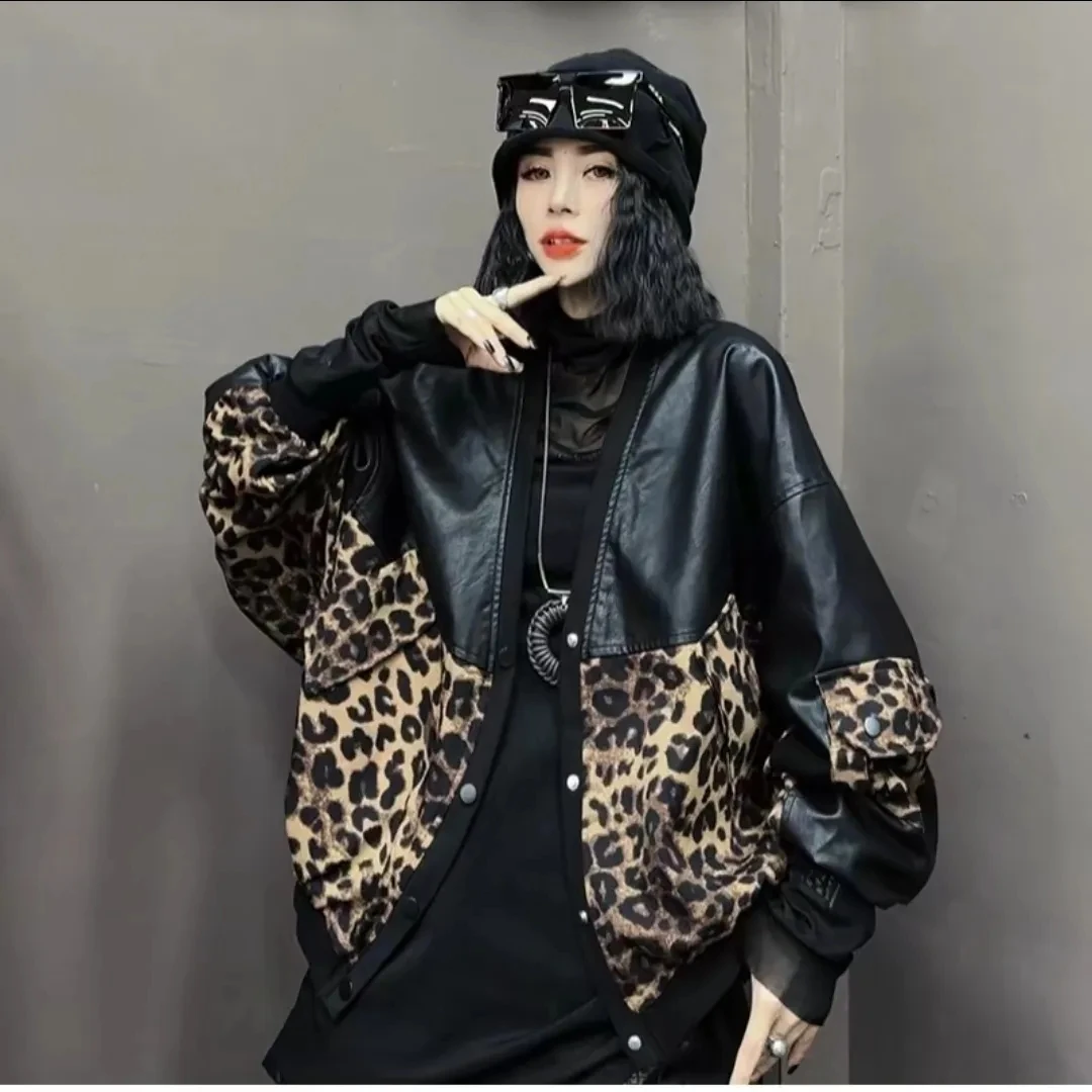 2023 New Autumn Leopard Print Stitching Leather Jacket Women Warm Cardigan PU Leather Coat Long Sleeve Loose Tops Outwear Female