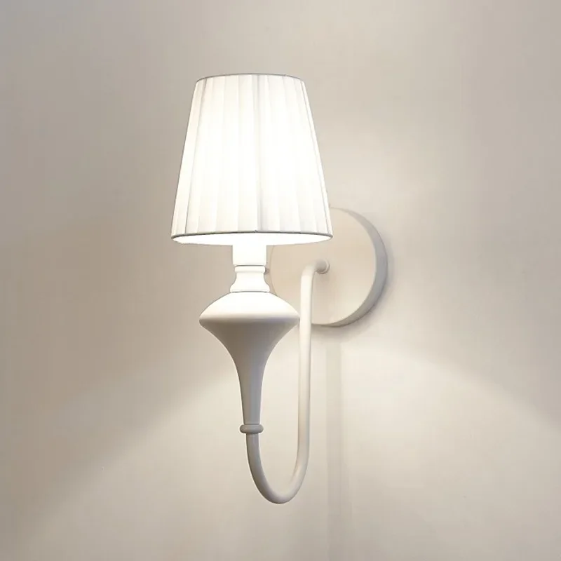 

Nordic LED Room Light in The Bedroom Wrought Iron White Bedside Lamp Simple Fabric Wall Lamp