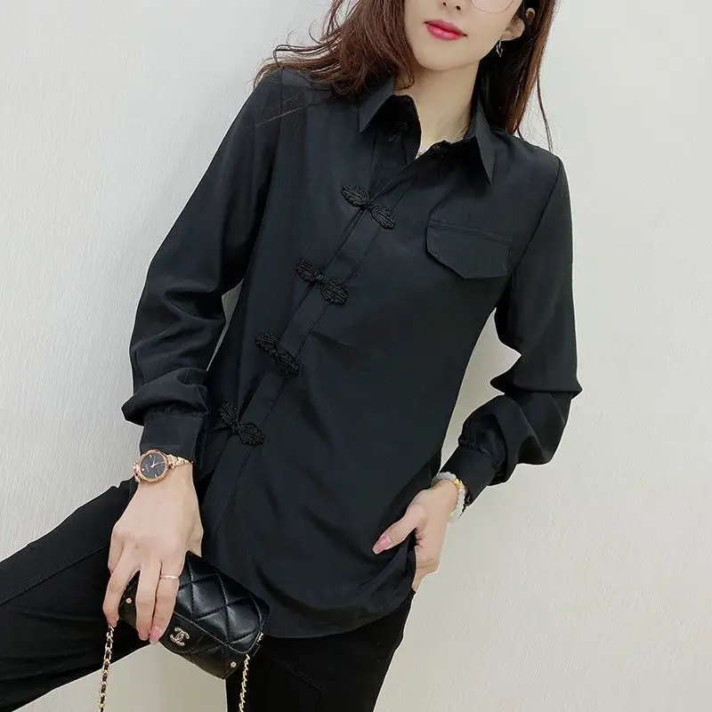 Spring Autumn Vintage Solid Color Shirt Women\'s Clothing Commute Asymmetrical Spliced Polo-Neck Folk Chinese Disc Buckle Blouse