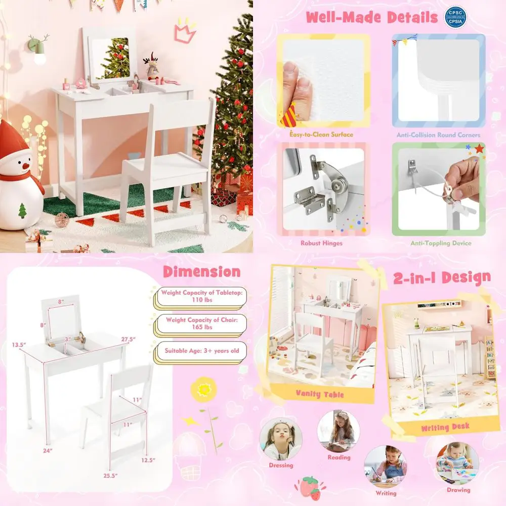

Children's Wooden Vanity Desk with Flip Mirror, Storage, Makeup Table for Toddler Girls, Dressing Area