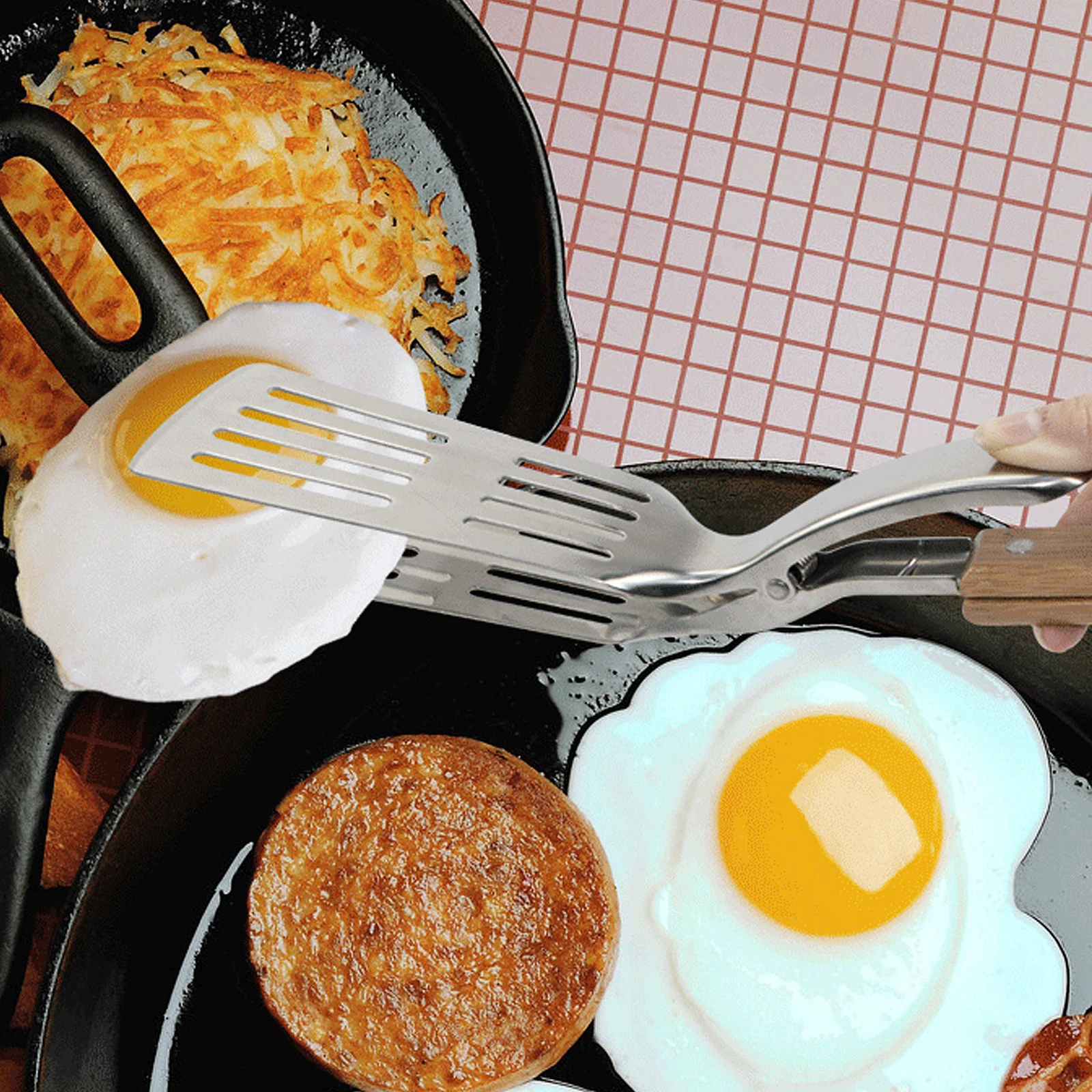 

1 set 1 Set Stainless Steel Bbq Tool Oil Draining Tong Ergonomic Bamboo Handle Anti-Skid Grip For Barbecue Steak Serving Kitchen