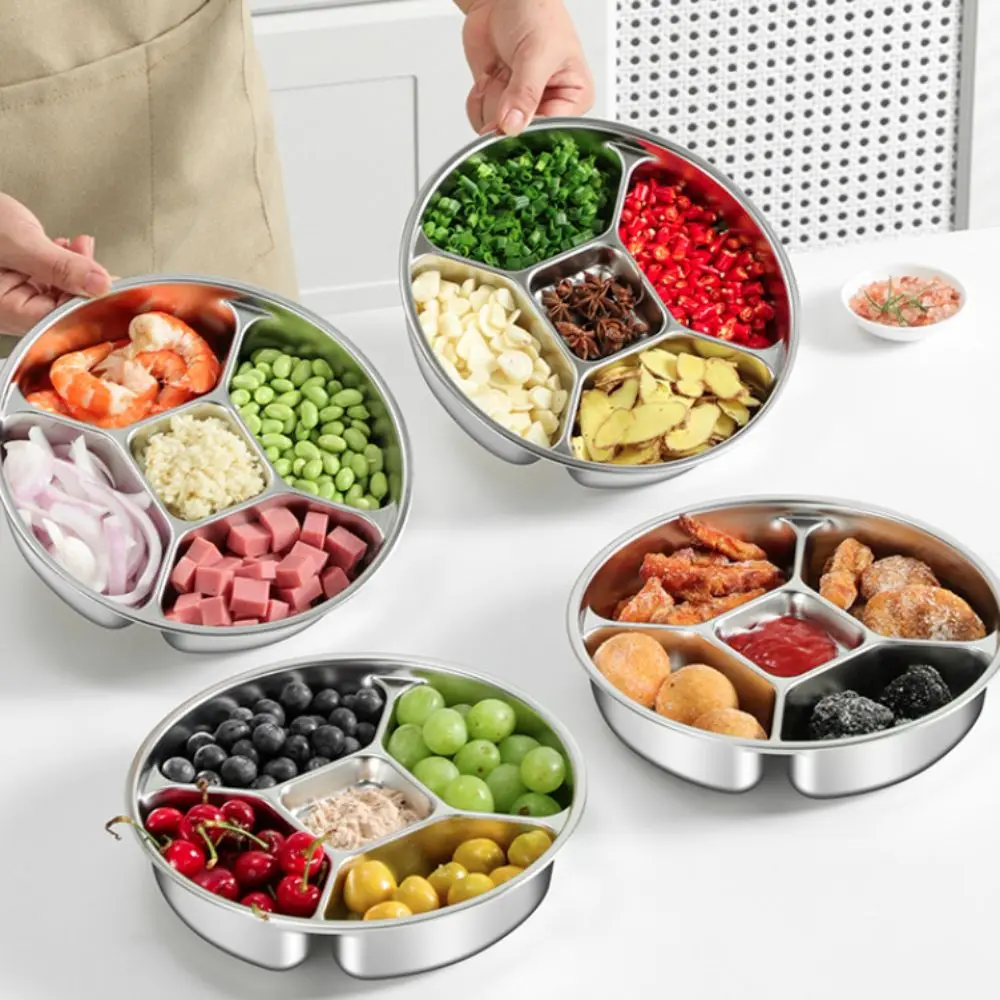 

Household 304 Stainless Steel Kitchen Food Preparation Tray 5 Grid Fall-resistant Snack Tray Round Dinner Plate Fruit