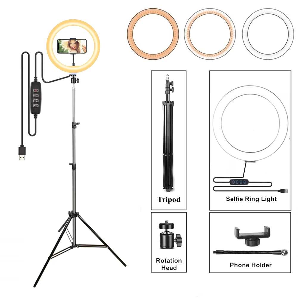 Light Ring With Tripod Round Ring Lamp Led Lights Stand Selfie Photography Lighting Photo Studio For Makeup Video Vlog Set USB