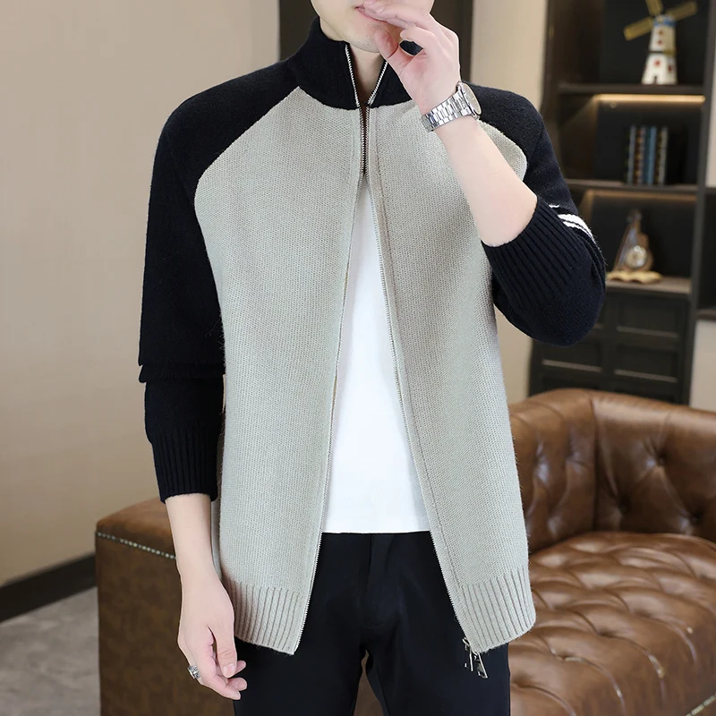 

Мужской повседневный вязаный кардиган на молнии с воротником-стойкой, весенне-осенний, в стиле колор-блок, модный спортивный стиль