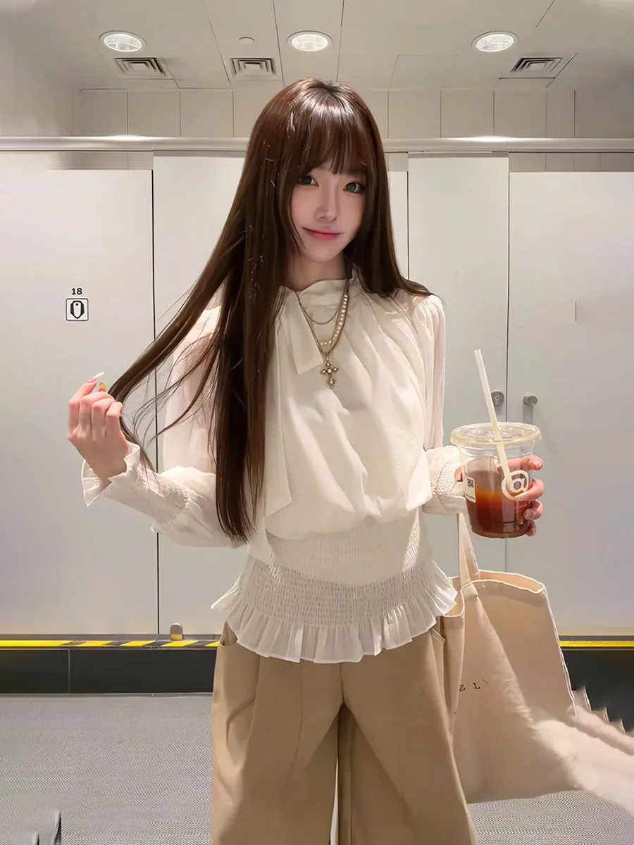 

Elegant Pure Desire White Stand Collar Tied Chiffon Shirt Women's Slimming Spring New Style Bell Sleeve Fashionable Top