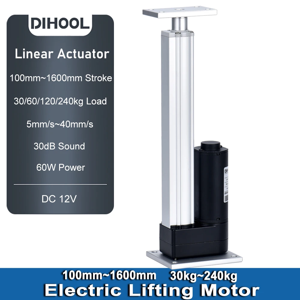 DC12V linear actuator 100MM~1600MM stroke 30kg~240kg load 5mm/s~40mm/s 60W electric lifting motor for RV/Solar/Windows/Car