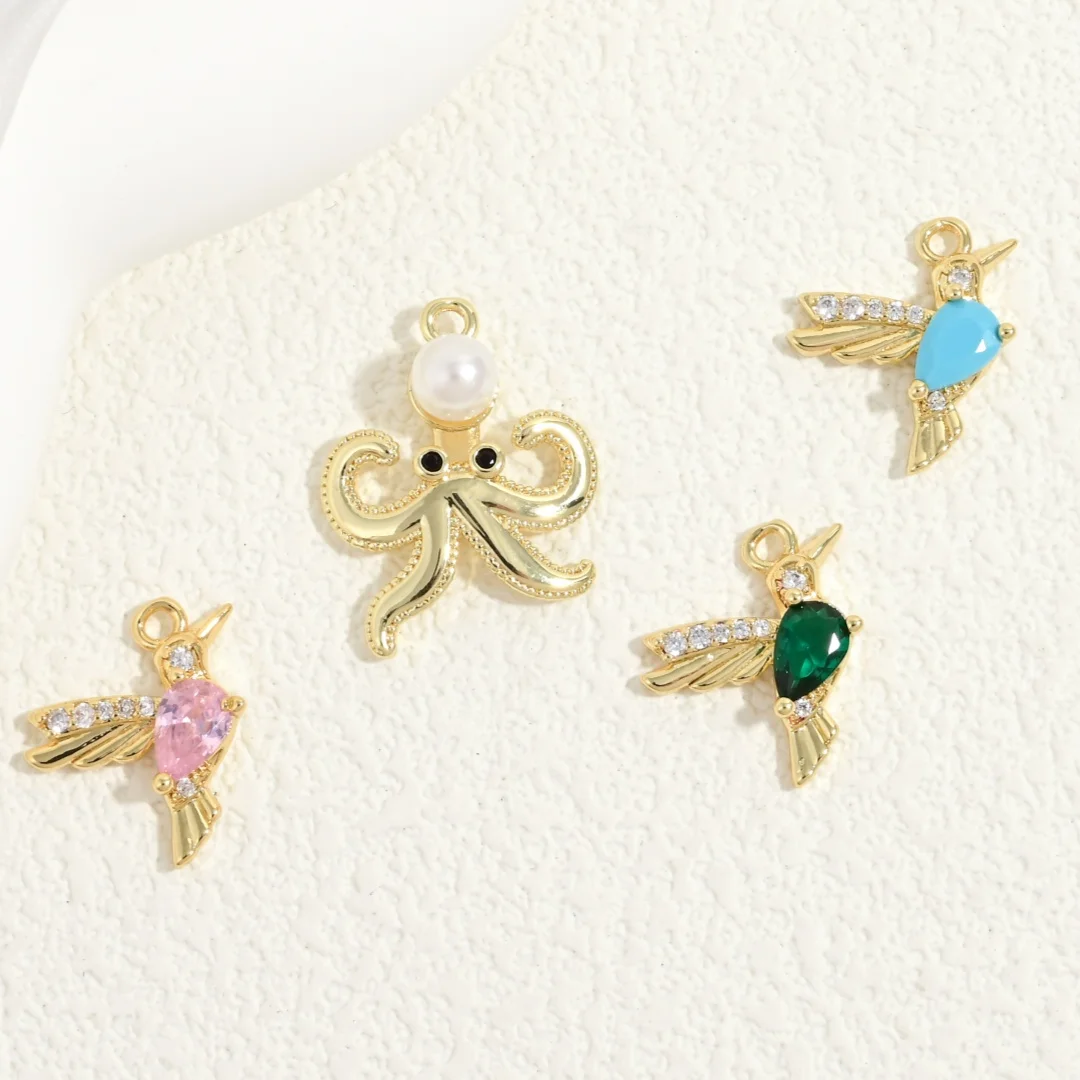 Animal Charm Octopus with Pearl & Hummingbird with Teardrop CZ Pendant, Mixed Sea & Bird Charms for DIY :VD2493 VD2494