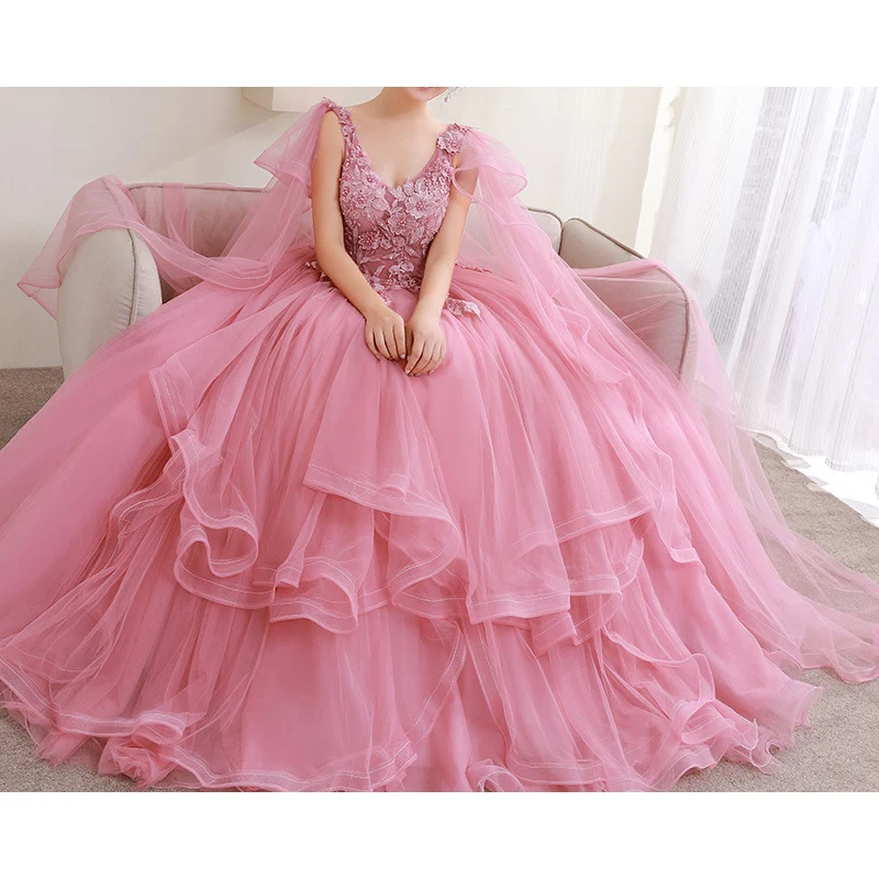 2022 Roze Prinses Prom Dresses Sweetheart Met Roze Kant Bloem Ruches Hand Kralen Party Dress Avondjurk Robe De Soiree