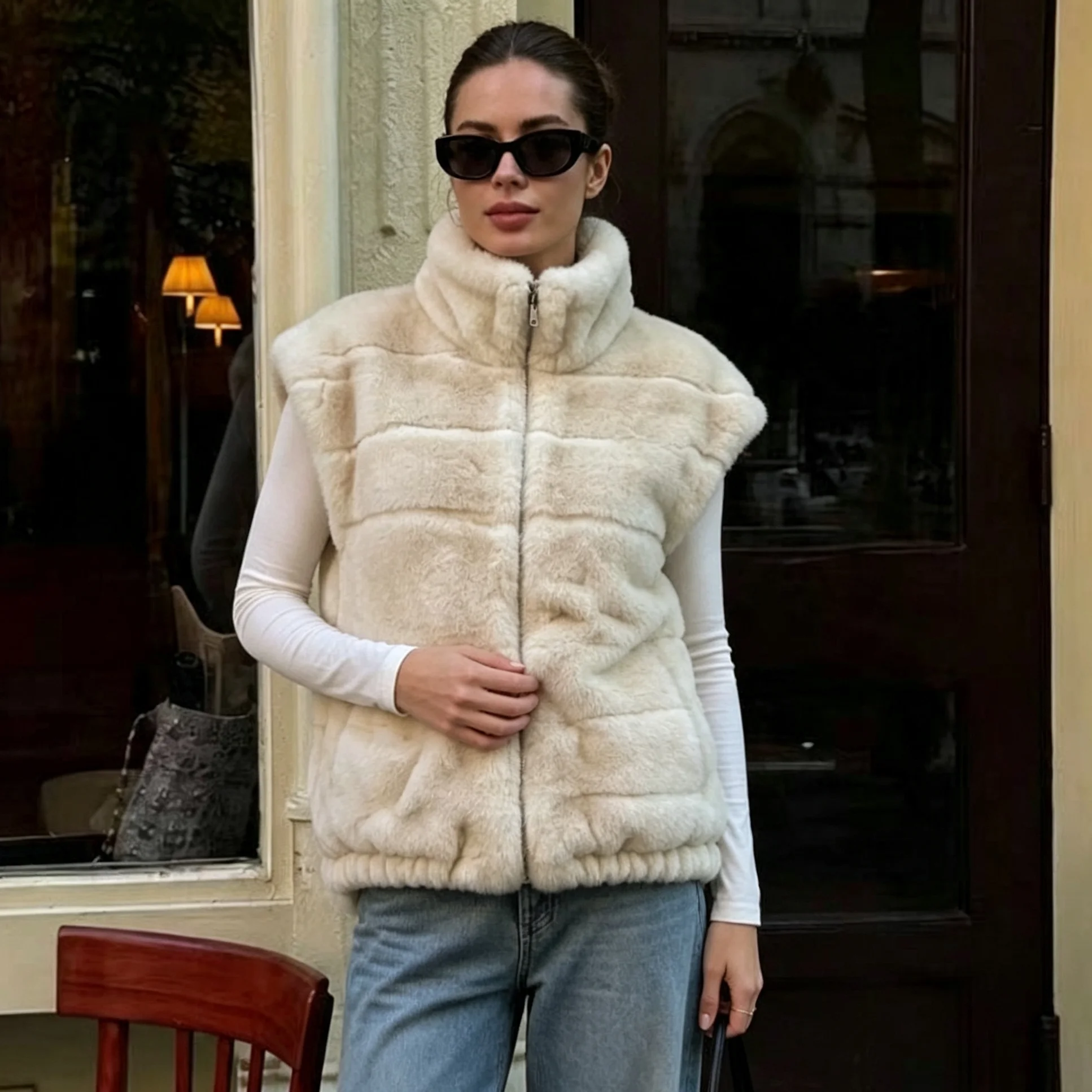 RU 2026 Ladies High Collar Zipper Plush Fur Vest Sleeveless Cropped Gilet Thick Warm Coat Suitable For Fashion Layering Wear