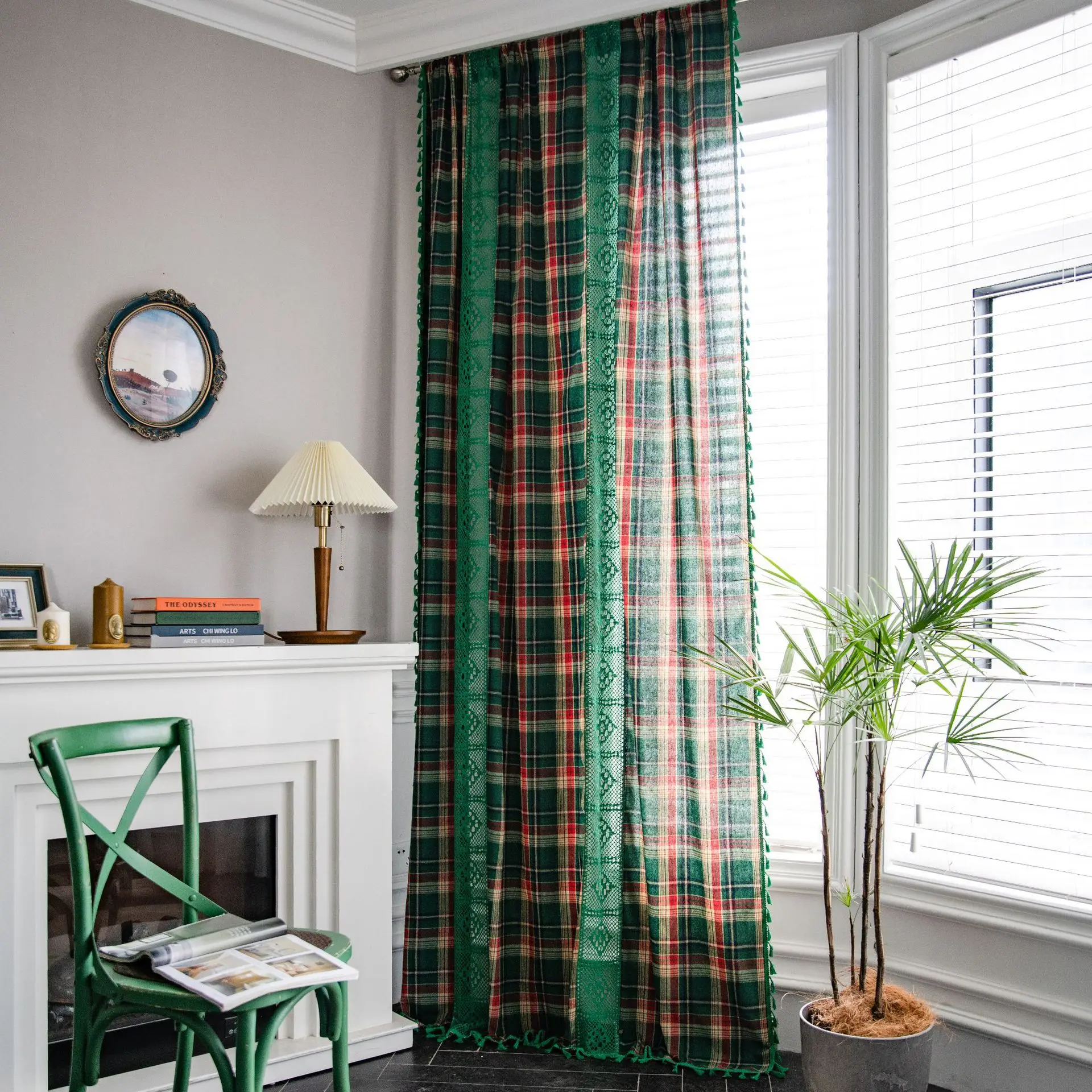 

Semi-shading Bay Window Curtains for Kitchen Living Room Bedroom Home Decoration Curtain American Style Green Plaid Yarn-dyed