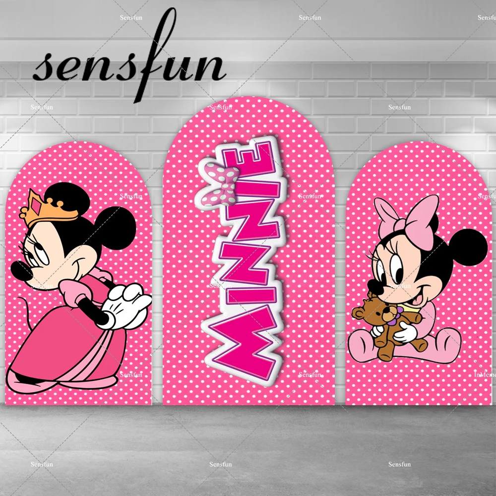 

Disney Hot Pink Minnie Mouse Queen Arch Backdrop Cover For Girls Newborn Baby Shower 1st Birthday Party Decor Photo Studio Kits