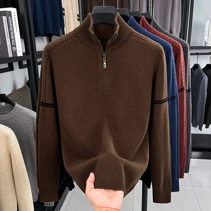 

100% Cashmere Wool Zipper Jumper Men Autumn Winter Trendy Striped Sweater Male Sheep Wool Clothes Pullover Knit Tops
