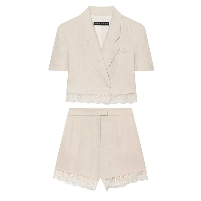 Women's short blazer shorts Lace Patchwork Short Summer Short Sleeve Lapel Blazer Front Pleated A-line Wide Leg Pants Chic Set