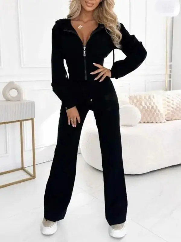 

Women's Hooded Waist Cinching Strap Suit Pure Color Set Long Sve Zipper Closure Casual Sportswear Two-Piece Set Polyester ...