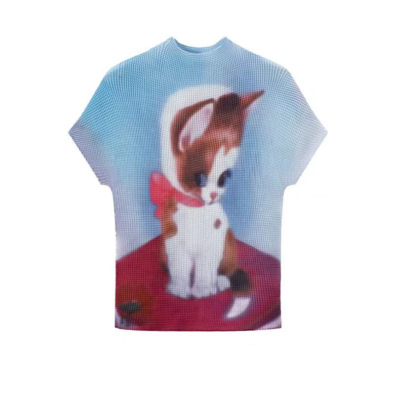

Cute cat print pleated graffiti short-sleeved summer front shoulder T-shirt new Spice Girl slim-fitting short top